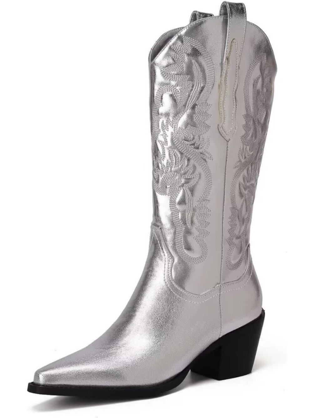 Women's Silver Embroidered Western Cowgirl Boots Mid Calf Metal PU Medium Heels